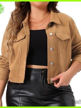 Plus Size Faux Leather Moto Jacket Cropped Button Front Long Sleeve